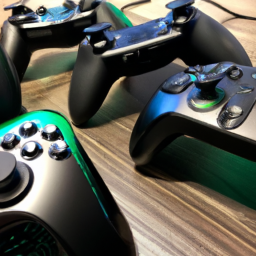 description: a photo of several xbox controllers on a table, including the official xbox series x and s controller, the xbox elite series 2, the powera enhanced wired controller, and the razer wolverine v2 wired gaming controller.