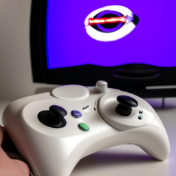 an image showcasing a sega dreamcast console with its distinct white color and the controller placed on top. the console is connected to a tv, and a person is seen playing a game using the dreamcast controller.