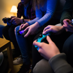 description: an anonymous image showcasing a group of friends gathered around a television, immersed in gameplay on a playstation 4 console.