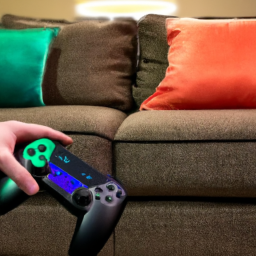 description: an image of a person holding an xbox controller, facing a television screen with a game on it. the background shows a comfortable gaming setup with a couch and a gaming console.