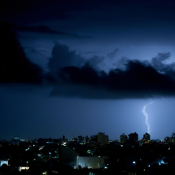 description: a dark and ominous sky with flashes of lightning above a cityscape.
