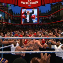 Description: A screenshot from the boxing video game Undisputed. It shows two boxers in the ring, surrounded by a cheering crowd.