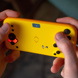 the image shows a vibrant yellow nintendo switch lite, showcasing its compact and lightweight design. the console is held in the hands of an anonymous person, who is engrossed in playing a game on the device's screen. the image captures the portability and convenience offered by the nintendo switch lite yellow, highlighting its suitability for on-the-go gaming.