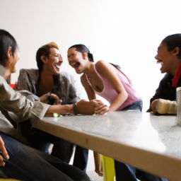 description: a group of young people gathered around a table, laughing and chatting while using various slang words and phrases.
