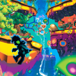 description: an anonymous image showcasing the vibrant and surreal art style of ultros, featuring a character navigating through a psychedelic landscape filled with colorful platforms, enemies, and intricate level design.