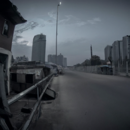 description: an anonymous image shows a dark, desolate cityscape with remnants of buildings and abandoned vehicles. the atmosphere is eerie and gloomy, with a sense of danger lurking around every corner.