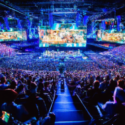description: an anonymous image showcasing a crowded esports arena filled with enthusiastic spectators, cheering on their favorite teams. the atmosphere is electric, with bright lights, large screens displaying the game, and players fully immersed in their matches. the image captures the excitement and energy that permeates the esports community during live events.