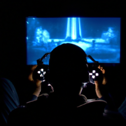 description: an anonymous gamer sits in front of a large tv screen, holding a playstation controller in their hands. they are wearing headphones and appear to be fully immersed in the game they are playing. the background is dark, with only the glow of the tv illuminating the scene.