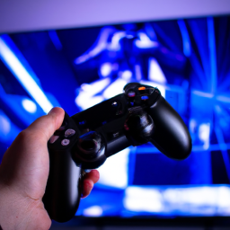 description: an image of a person holding a playstation 5 controller, with a tv screen displaying a game in the background.