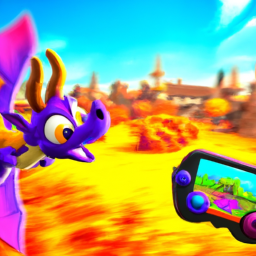 description: an image showing spyro the dragon soaring through a vibrant, colorful world on the nintendo switch.