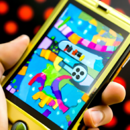 A handheld device with a game controller, displaying a colorful mobile game.