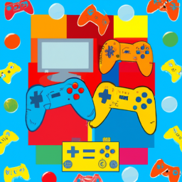 A colorful image of a controller with buttons, surrounded by game boxes representing different game consoles.