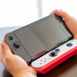 description: a photo of a nintendo switch console with joy-con controllers attached, sitting on a table with a person's hands holding a game cartridge. the person is not visible in the photo.