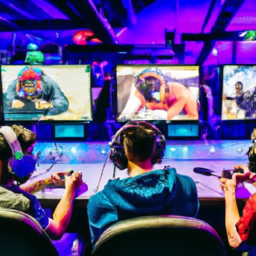 description (anonymous): the image shows a group of players intensely focused on their screens, with headphones on and controllers in their hands. the room is filled with energy and excitement, as they compete in a high-stakes brawl stars esports tournament. the stage is adorned with colorful lighting and banners, creating a vibrant atmosphere. the players' expressions range from concentration to determination, highlighting their passion for the game. the audience can be seen in the background, cheering and applauding their favorite teams.