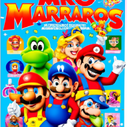 description: a colorful poster with characters from the super mario bros. franchise, including mario, luigi, princess peach, donkey kong, and bowser. the characters are depicted in a vibrant, cartoonish style, and they are posed against a bright blue background. the title of the movie, "super mario bros.", is displayed prominently at the top of the poster.