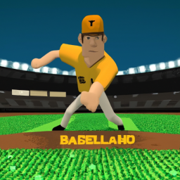 a screenshot of a baseball player in the middle of a pitch, with a stadium in the background. the image is taken from the perspective of the pitcher's mound, and the player is wearing a yellow uniform.