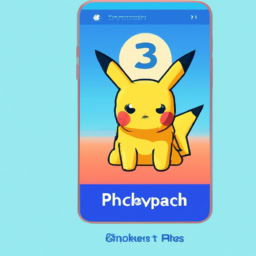 Description: A screenshot of the Pokémon Sleep app, with a cartoon Pikachu standing in the center. The app is brightly colored, with a blue background and yellow and orange accents.