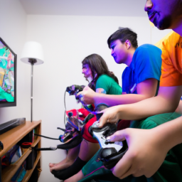 A group of friends playing a video game together on multiple gaming consoles.