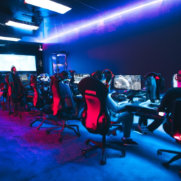 description: an anonymous image shows a spacious and modern gaming center filled with high-end gaming setups, colorful led lights, and a group of enthusiastic gamers engaged in intense gameplay.