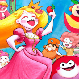 description: an image showcasing princess peach in a vibrant and colorful setting, surrounded by various characters and elements from the game. the focus is on princess peach as she takes center stage, exuding confidence and charm.