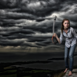 description: the image shows a young girl standing on a cliff, overlooking a desolate world. the sky is dark and ominous, with storm clouds gathering in the distance. the girl is holding a grappling hook in one hand and looking out into the distance with a determined expression on her face.