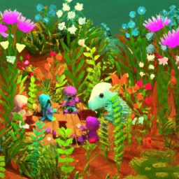 the image features a vibrant and lush environment with various colorful creatures working together to accomplish tasks. the scenery is filled with flowers, trees, and unique structures, creating a whimsical atmosphere. the main character, a small humanoid creature, can be seen leading a group of pikmin, each with its distinct color and abilities. the image captures the essence of pikmin 4's gameplay and showcases the beauty of its world.