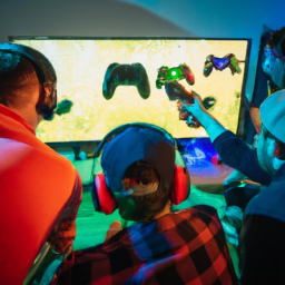 description: a group of gamers gathered around a television screen, eagerly playing xbox games together while wearing headsets.