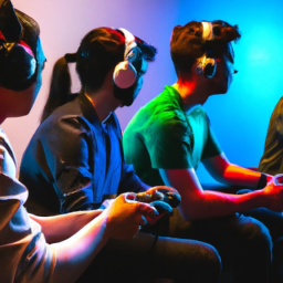 description: an anonymous image depicting a group of gamers sitting together, wearing headsets, and engaging in an intense gaming session. they are surrounded by gaming consoles and controllers, creating a vibrant and immersive gaming atmosphere.