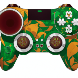 description: an image shows a customized xbox controller with a unique tea-themed design, featuring a blend of vibrant colors and tea-related elements.