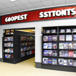 description: A GameStop store with various gaming consoles and games on display, including PlayStation, Xbox, and Nintendo products.