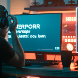 description: an anonymous gamer sitting in front of a computer screen with a frustrated expression, surrounded by gaming peripherals. the screen shows an error message related to server connection issues on steam.