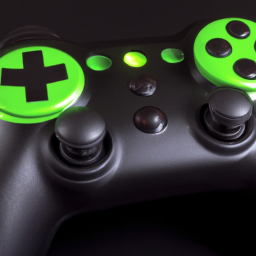 A black and green Xbox controller with customizable buttons and triggers, backlit buttons, and a sleek design.