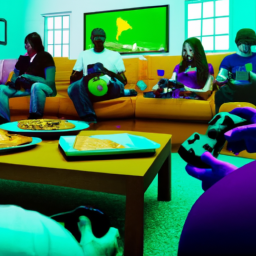 description: an image featuring a group of people playing video games together, with xbox series s consoles and controllers visible in the background.