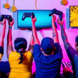 description: an anonymous image shows a group of excited gamers gathered around a television, with playstation 5 consoles and controllers in their hands. the vibrant colors and intense expressions on their faces reflect the excitement and anticipation of playing the latest games on the highly sought-after console.