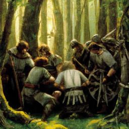 A group of players are seen huddled together in a tense moment, with one player aiming down their sights at an unseen enemy. The environment around them appears to be a dense forest, with trees and foliage obscuring much of the view.