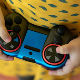 description: an anonymous image shows a young child holding a handheld gaming console, fully engrossed in the game. the console has a colorful design and buttons that are easy to use for small hands.