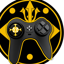 An image of a black and gold controller with a Hogwarts crest.