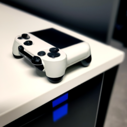 description: a gaming console with a unique controller sits on a shelf.