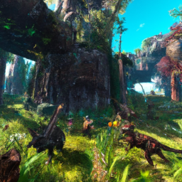 description: an anonymous image featuring a group of players exploring a lush and vibrant prehistoric world in ark: survival ascended on xbox.