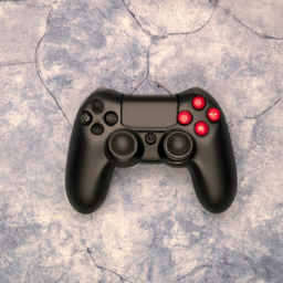 A black and red gaming controller is displayed on a flat surface.