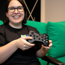 description: an image shows a person holding the xbox adaptive controller, featuring large buttons and programmable switches. the controller is connected to a pc, indicating its compatibility with windows. the person has a smile on their face, highlighting the joy and inclusivity that the controller brings to disabled gamers.