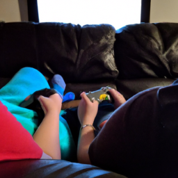 description: an anonymous image with the title "following their own adventure" portrays two people sitting on a couch, with one person holding a nintendo switch controller. the image is not specific to any particular game and could apply to any game on the nintendo switch.