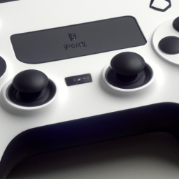 description: the image shows a close-up of the access controller for ps5. the controller features large buttons on the back, as well as a touchpad in the center. the controller is white with black buttons and accents.