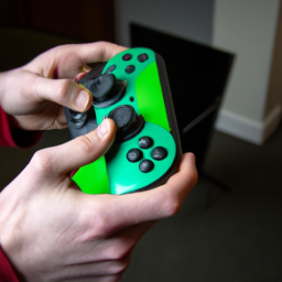description: an image of a person holding a nintendo switch console with an xbox controller connected to it via a wireless adapter. the person is playing a game on the switch with the xbox controller.