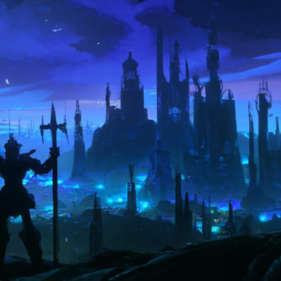 description (anonymous): a screenshot of a dark fantasy world with towering castles, mysterious creatures, and a lone hero wielding a sword.