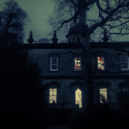 description: an atmospheric photograph depicting a dimly lit, mysterious mansion surrounded by tall trees. the eerie glow emanating from the windows hints at the enigmatic world that lies within.