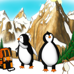 the image shows two cute penguins, bread and fred, standing at the foot of a snowy mountain. they are wearing backpacks and looking up at the peak. the background is a snowy landscape with trees and mountains in the distance.