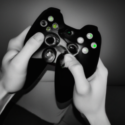 description: a black and white image of a person holding the xbox elite wireless controller series 2, with the controller's customizable thumbsticks and paddles visible.