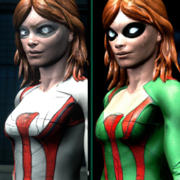 description: a screenshot comparison of mary jane's character model in spider-man 2 on xbox series x.