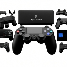 description: an image of a sleek black console with the iconic playstation logo on top, surrounded by a variety of game controllers and accessories.